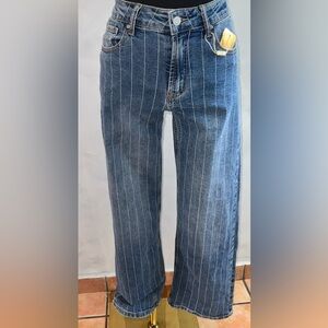Pinstripe Straight-Leg Denim Jeans - Blue
